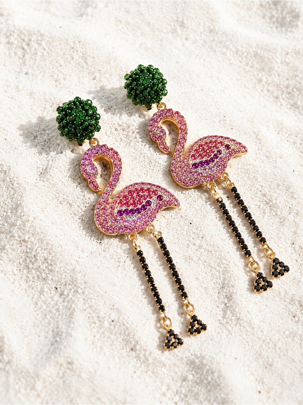 Pink Rhinestone Flamingo Statement Dangle Earrings Gold Tone 4” Resort NEW
